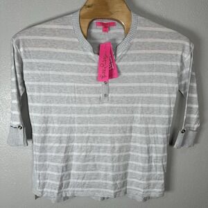 Lilly Pulitzer Faraway Sweater Size Small Gray Stripe 3/4 Sleeve‎ Henley Coolmax